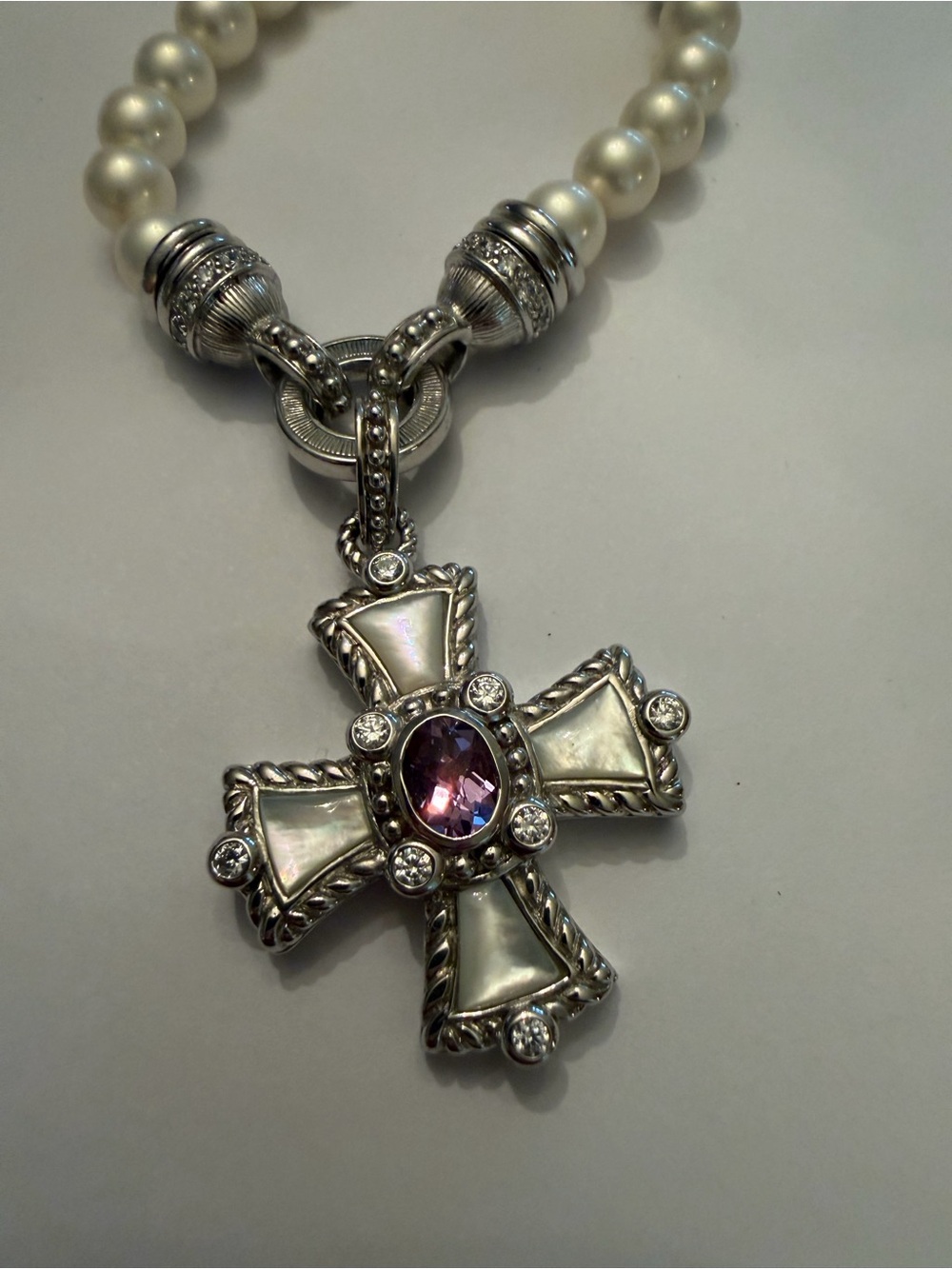 Judith Ripka Vintage White Pearl Necklace with Silver Cross Amethyst 925